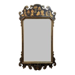 Vintage Chinoiserie Black and Gold Pagoda Scene Wall Mirror
