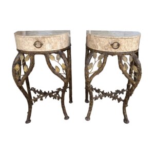Pair of Tessellated-Faux Marble One-Drawer Tables with Metal Tree Branch Bases