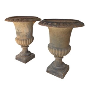 Pair Of Vintage Cast Iron Garden Urns