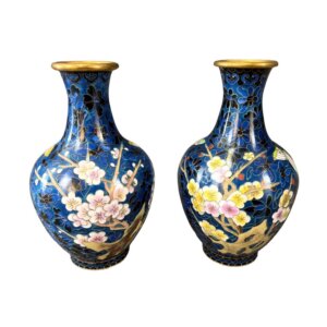 Pair of Blue Butterfly and Floral Cloisonne Vases