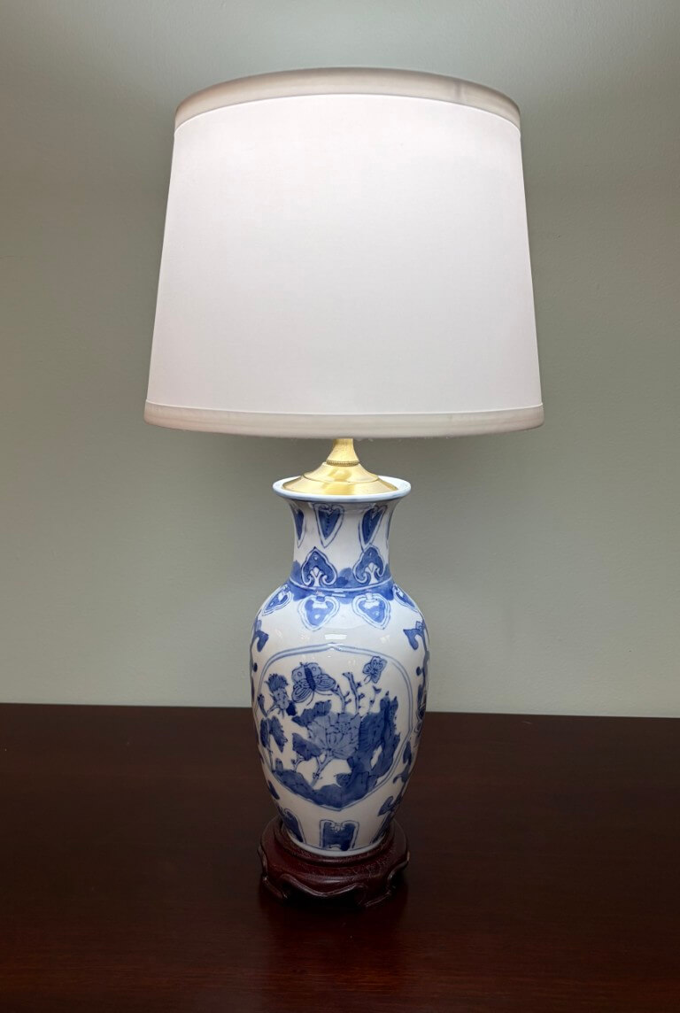 Blue and White Asian Porcelain Vase Lamp with New Shade Blue and White Asian Porcelain Vase Lamp with New Shade