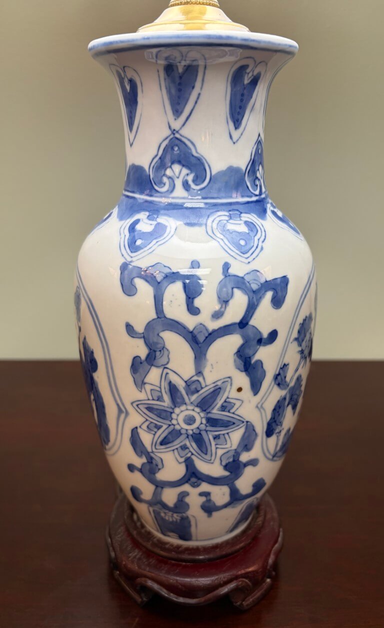 Blue and White Asian Porcelain Vase Lamp with New Shade Blue and White Asian Porcelain Vase Lamp with New Shade