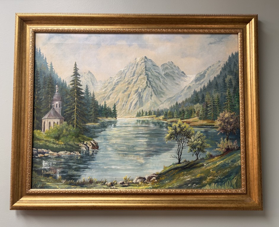 Large Signed Oil on Canvas Painting of Alpine Lake Landscape Large Signed Oil on Canvas Painting of Alpine Lake Landscape