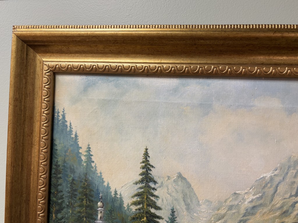 Large Signed Oil on Canvas Painting of Alpine Lake Landscape Large Signed Oil on Canvas Painting of Alpine Lake Landscape