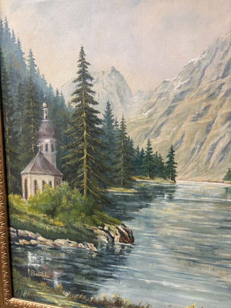 Large Signed Oil on Canvas Painting of Alpine Lake Landscape Large Signed Oil on Canvas Painting of Alpine Lake Landscape