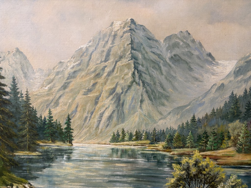 Large Signed Oil on Canvas Painting of Alpine Lake Landscape Large Signed Oil on Canvas Painting of Alpine Lake Landscape