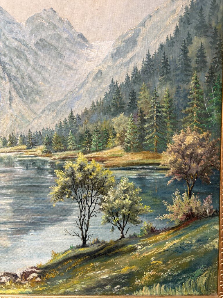 Large Signed Oil on Canvas Painting of Alpine Lake Landscape Large Signed Oil on Canvas Painting of Alpine Lake Landscape