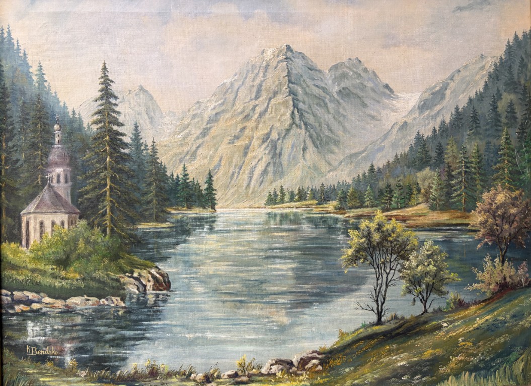 Large Signed Oil on Canvas Painting of Alpine Lake Landscape Large Signed Oil on Canvas Painting of Alpine Lake Landscape