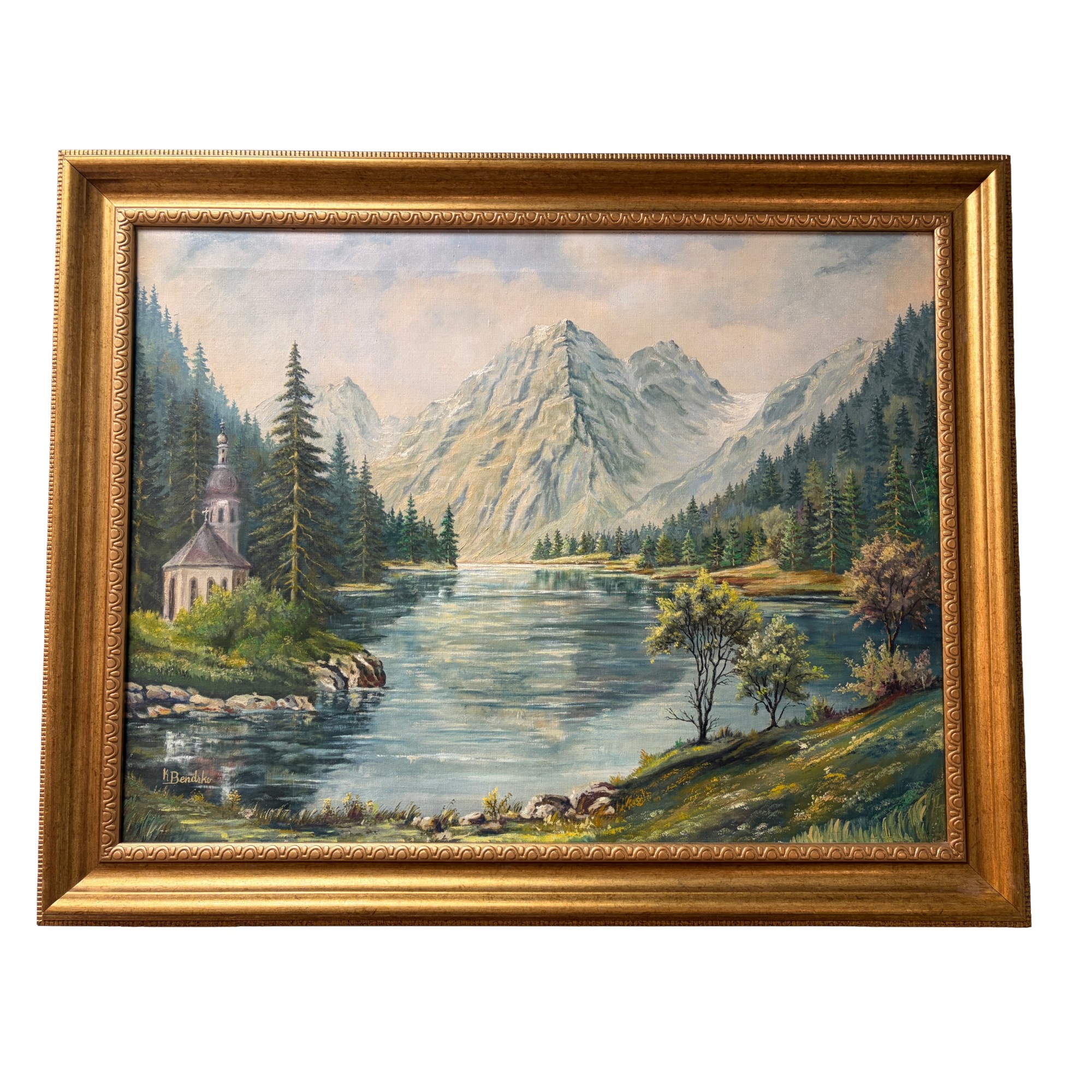 Large Signed Oil on Canvas Painting of Alpine Lake Landscape Large Signed Oil on Canvas Painting of Alpine Lake Landscape