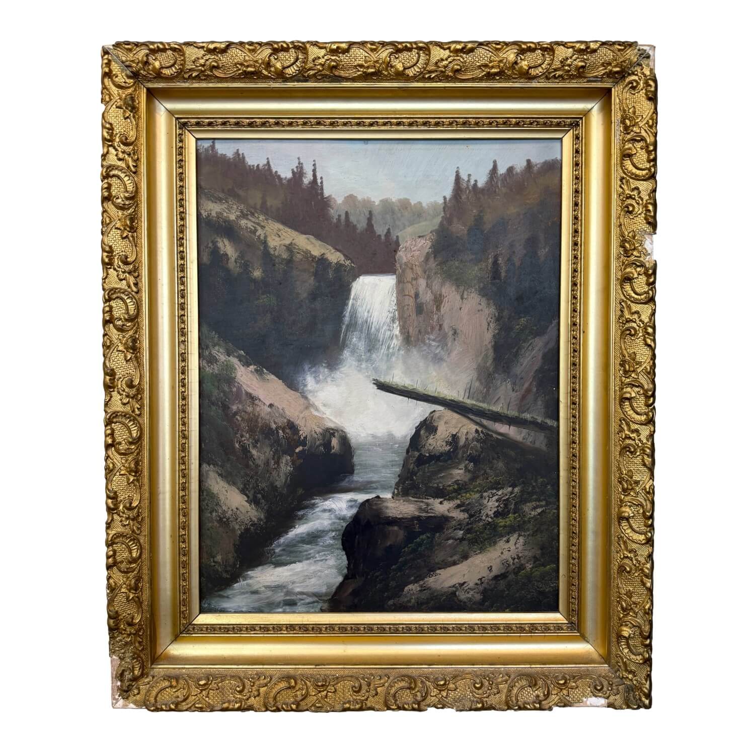 Early 1900's Oil on Board of Waterfall in Gold Gilt Frame Early 1900's Oil on Board of Waterfall in Gold Gilt Frame