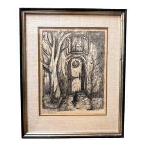 Vintage Etching of Black Cat at Cottage Entrance