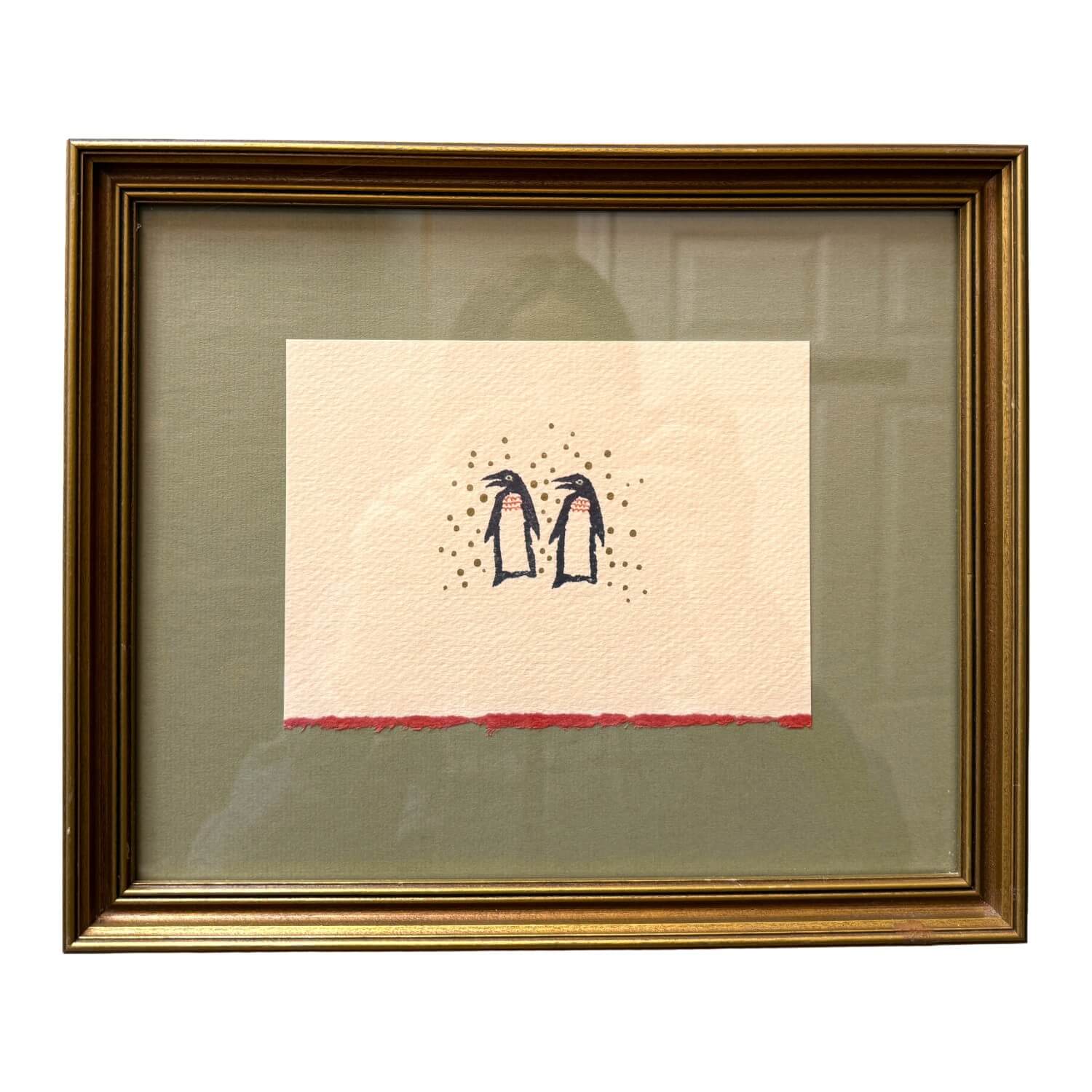 Framed Pair of Penguins in the Snow with Green Mat Framed Pair of Penguins in the Snow with Green Mat
