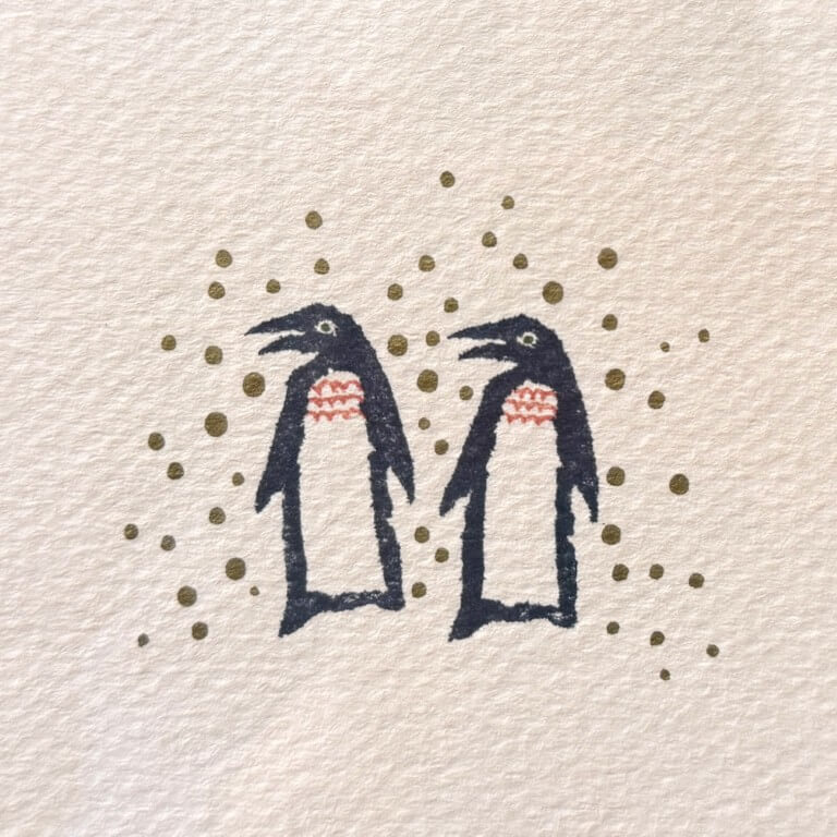 Framed Pair of Penguins in the Snow with Green Mat Framed Pair of Penguins in the Snow with Green Mat