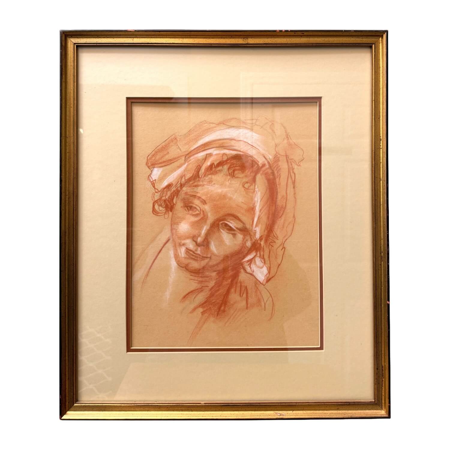 Original Portrait of a Woman in Terracotta Pastels with Gold Frame Original Portrait of a Woman in Terracotta Pastels with Gold Frame