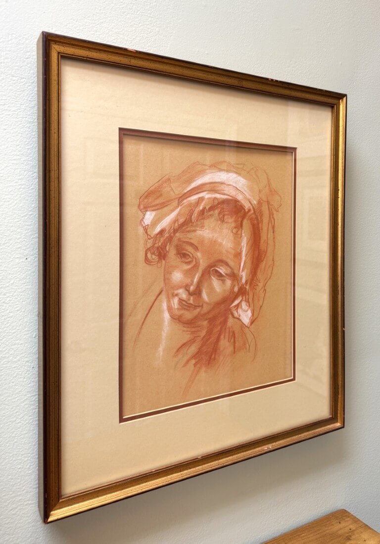 Original Portrait of a Woman in Terracotta Pastels with Gold Frame Original Portrait of a Woman in Terracotta Pastels with Gold Frame