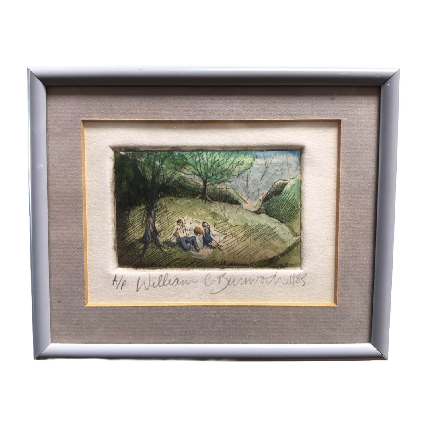 1985 Hand-Colored Etching of Couple on a Picnic by William C. Burnworth 1985 Hand-Colored Etching of Couple on a Picnic by William C. Burnworth