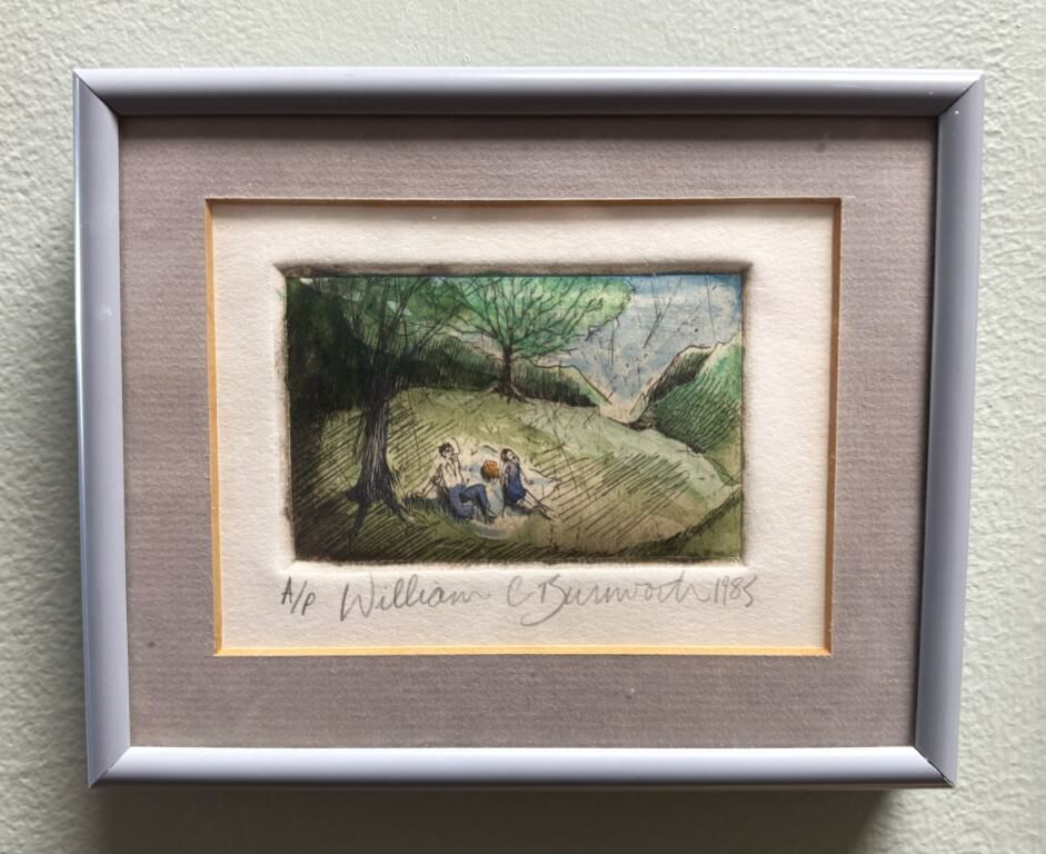 1985 Hand-Colored Etching of Couple on a Picnic by William C. Burnworth 1985 Hand-Colored Etching of Couple on a Picnic by William C. Burnworth