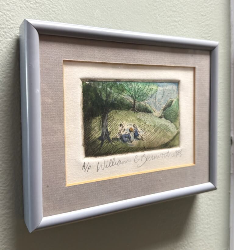 1985 Hand-Colored Etching of Couple on a Picnic by William C. Burnworth 1985 Hand-Colored Etching of Couple on a Picnic by William C. Burnworth