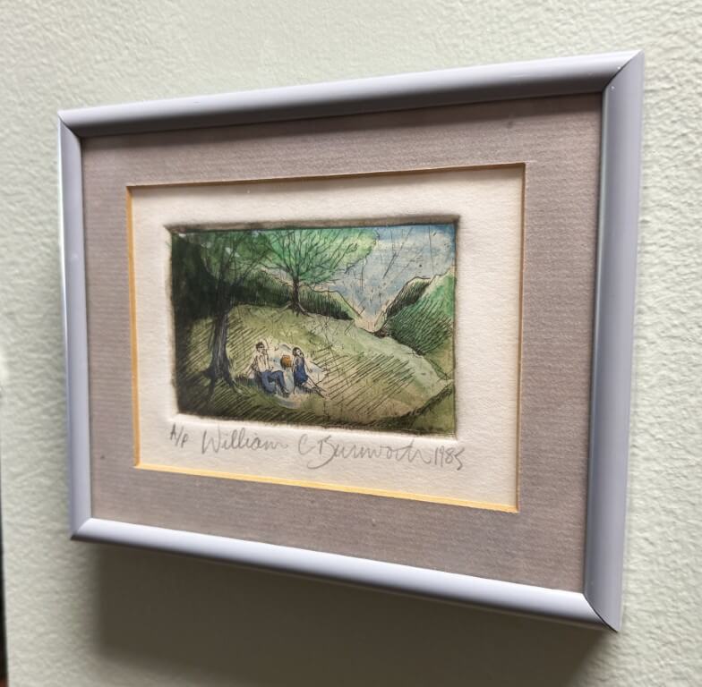 1985 Hand-Colored Etching of Couple on a Picnic by William C. Burnworth 1985 Hand-Colored Etching of Couple on a Picnic by William C. Burnworth