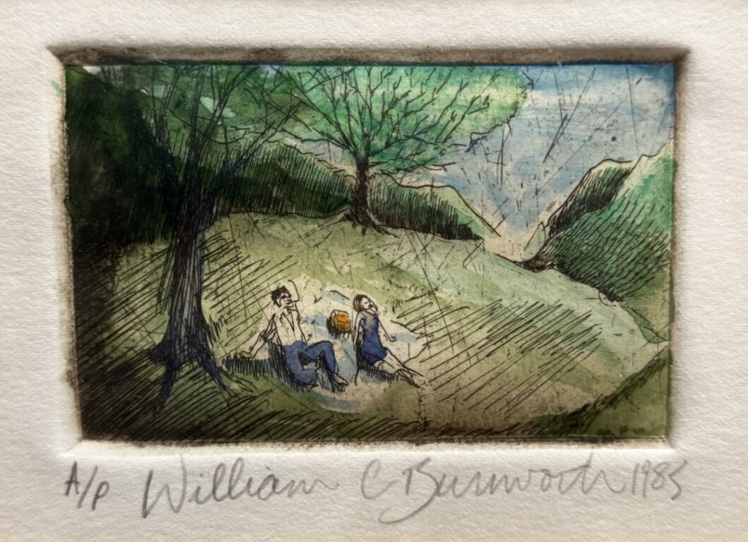 1985 Hand-Colored Etching of Couple on a Picnic by William C. Burnworth 1985 Hand-Colored Etching of Couple on a Picnic by William C. Burnworth