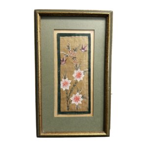 Painting of Pink Flowers and Birds on Fabric with Green Mat and Frame