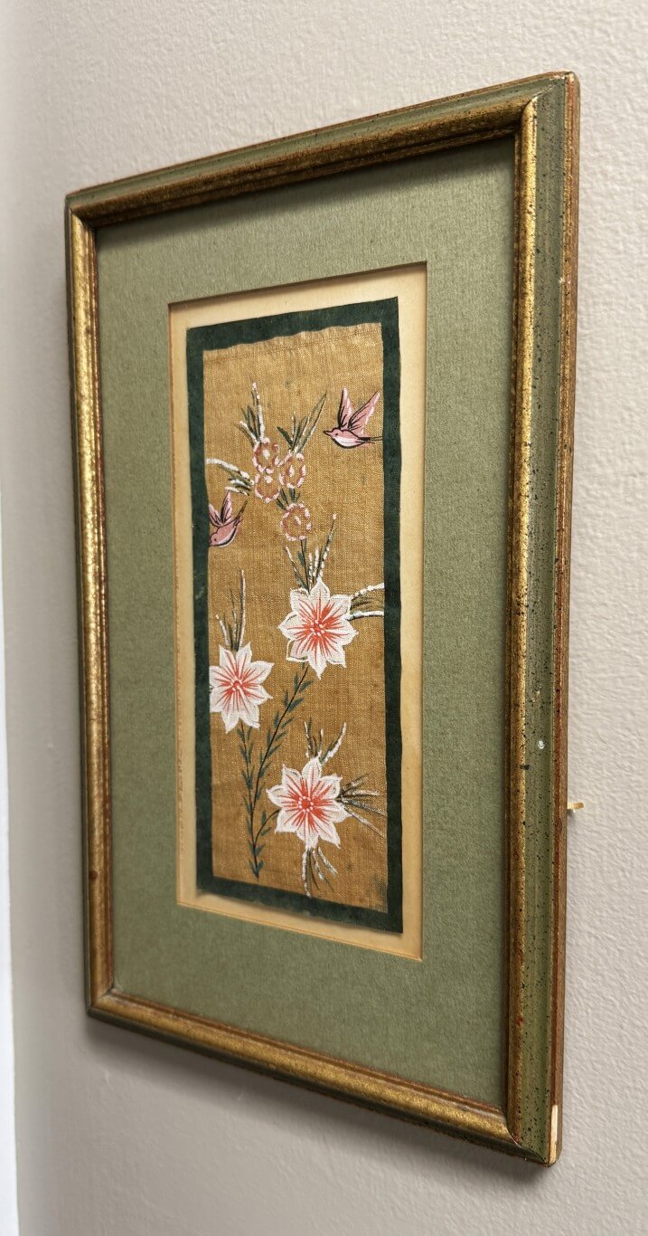 Painting of Pink Flowers and Birds on Fabric with Green Mat and Frame Painting of Pink Flowers and Birds on Fabric with Green Mat and Frame