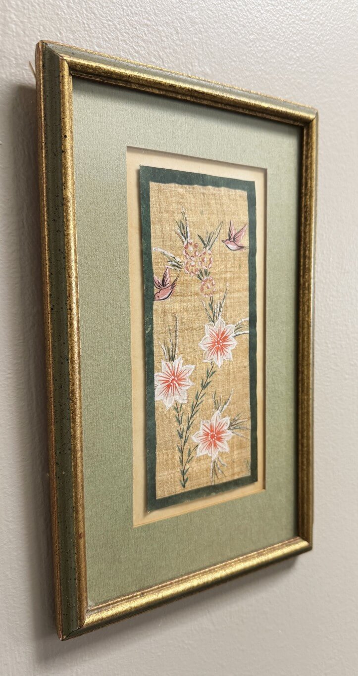 Painting of Pink Flowers and Birds on Fabric with Green Mat and Frame Painting of Pink Flowers and Birds on Fabric with Green Mat and Frame