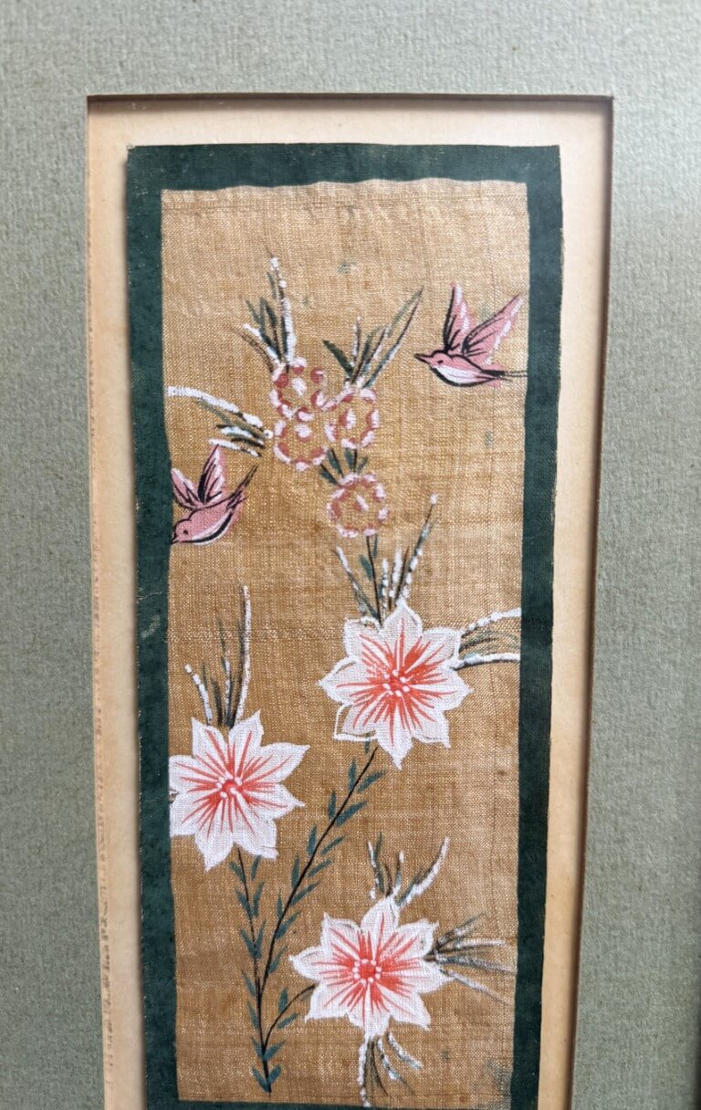 Painting of Pink Flowers and Birds on Fabric with Green Mat and Frame Painting of Pink Flowers and Birds on Fabric with Green Mat and Frame