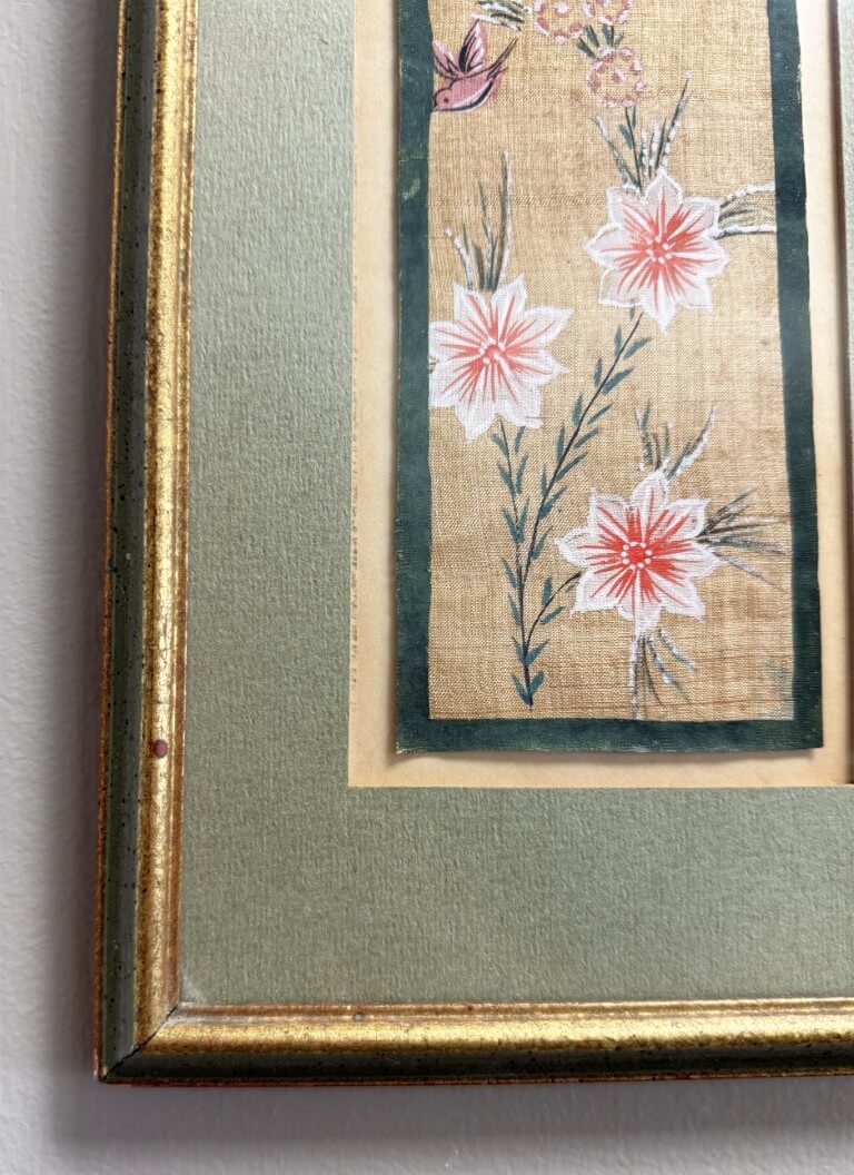 Painting of Pink Flowers and Birds on Fabric with Green Mat and Frame Painting of Pink Flowers and Birds on Fabric with Green Mat and Frame