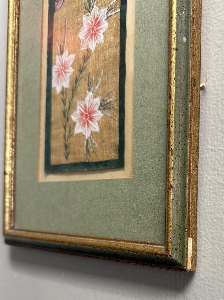 Painting of Pink Flowers and Birds on Fabric with Green Mat and Frame Painting of Pink Flowers and Birds on Fabric with Green Mat and Frame
