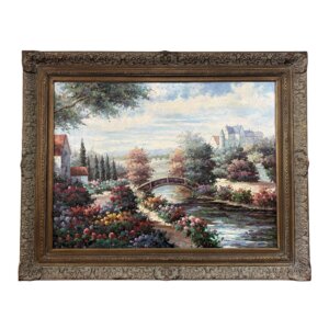 Original Oil on Canvas of Countryside Bridge and Garden