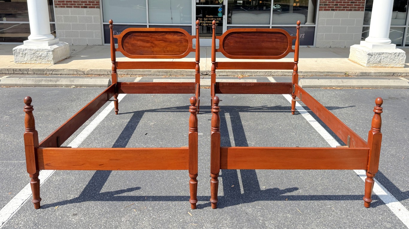 Pair of Vintage Mahogany Twin Bed Frames with Oval Panel Headboards Pair of Vintage Mahogany Twin Bed Frames with Oval Panel Headboards