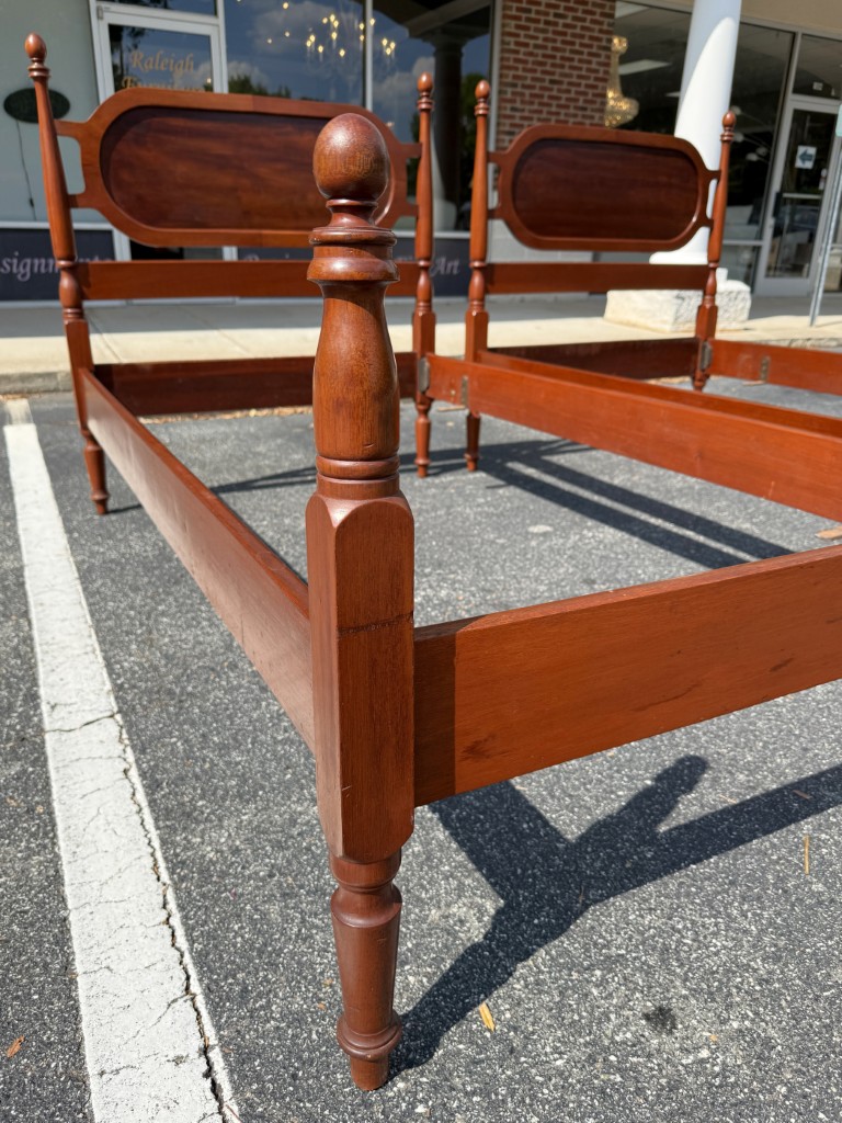 Pair of Vintage Mahogany Twin Bed Frames with Oval Panel Headboards Pair of Vintage Mahogany Twin Bed Frames with Oval Panel Headboards