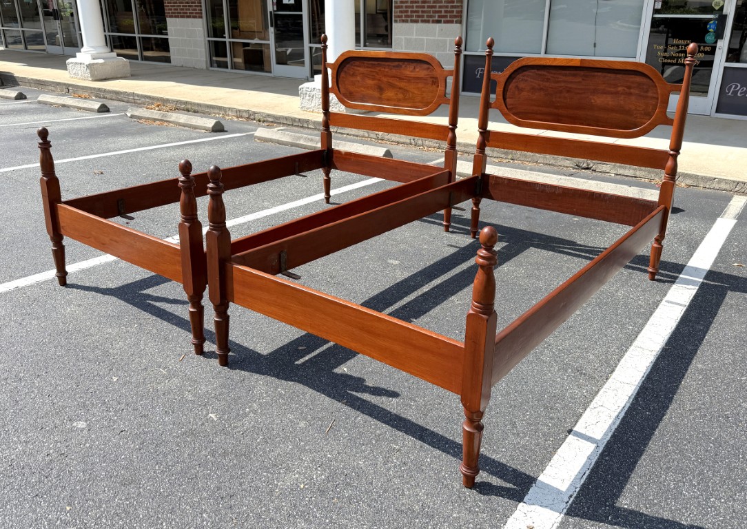 Pair of Vintage Mahogany Twin Bed Frames with Oval Panel Headboards Pair of Vintage Mahogany Twin Bed Frames with Oval Panel Headboards