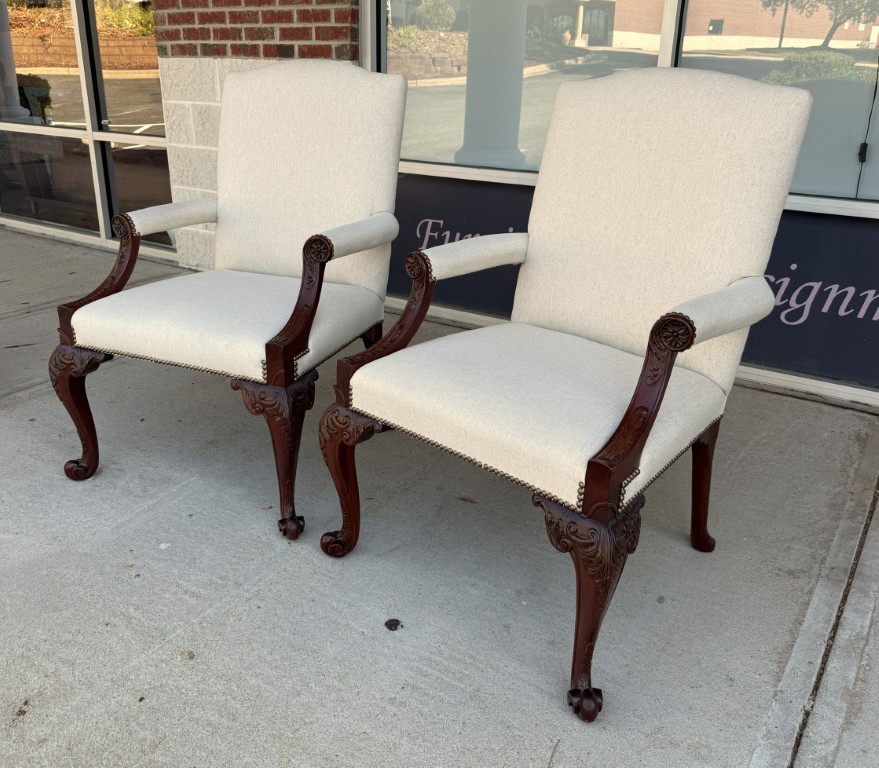 Pair of Baker Furniture Stately Homes Gainsborough Arm Chairs in White Pair of Baker Furniture Stately Homes Gainsborough Arm Chairs in White