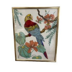 Chinoiserie Style Scarlet Macaw and Tropical Foliage Painted on Fabric
