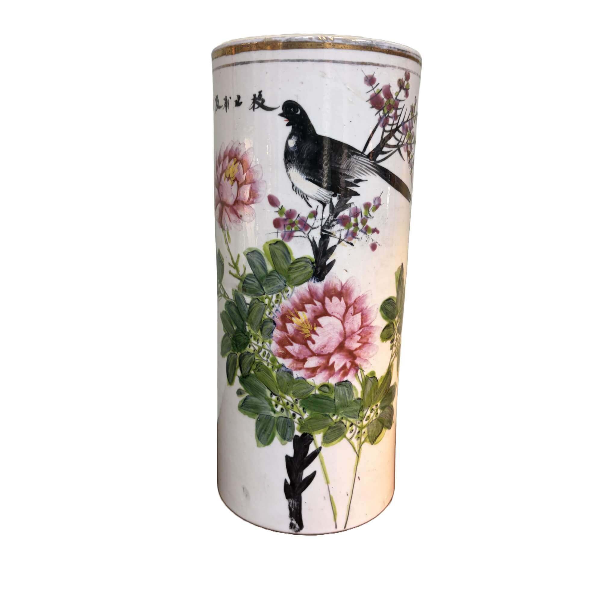 Antique Asian Hand Painted Porcelain Brush Pot Vase Antique Asian Hand Painted Porcelain Brush Pot Vase