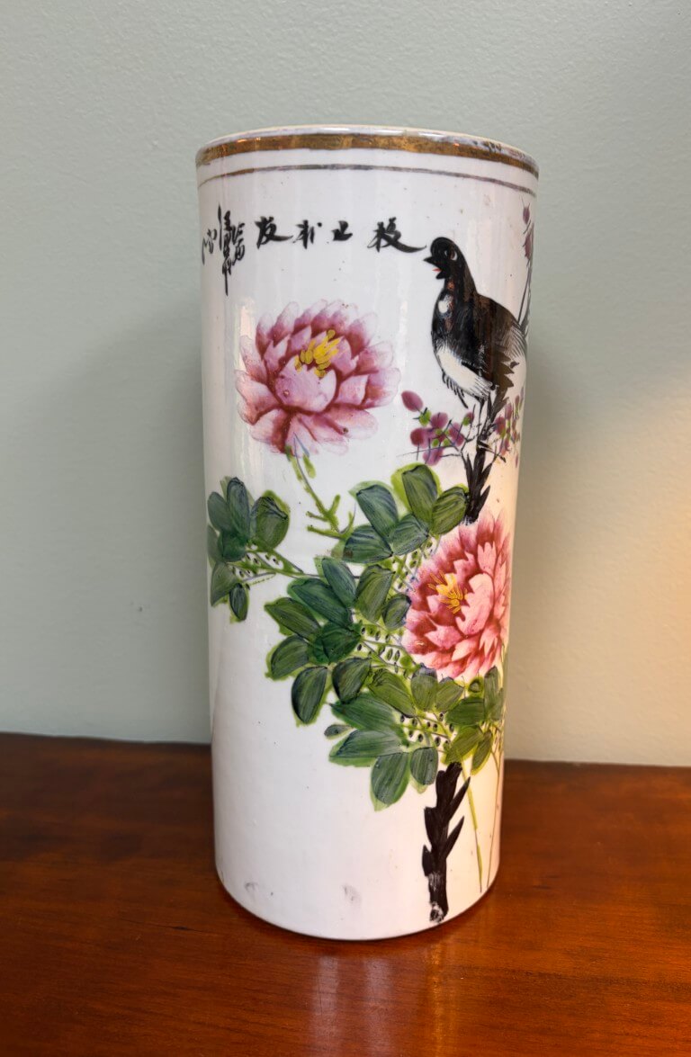 Antique Asian Hand Painted Porcelain Brush Pot Vase Antique Asian Hand Painted Porcelain Brush Pot Vase