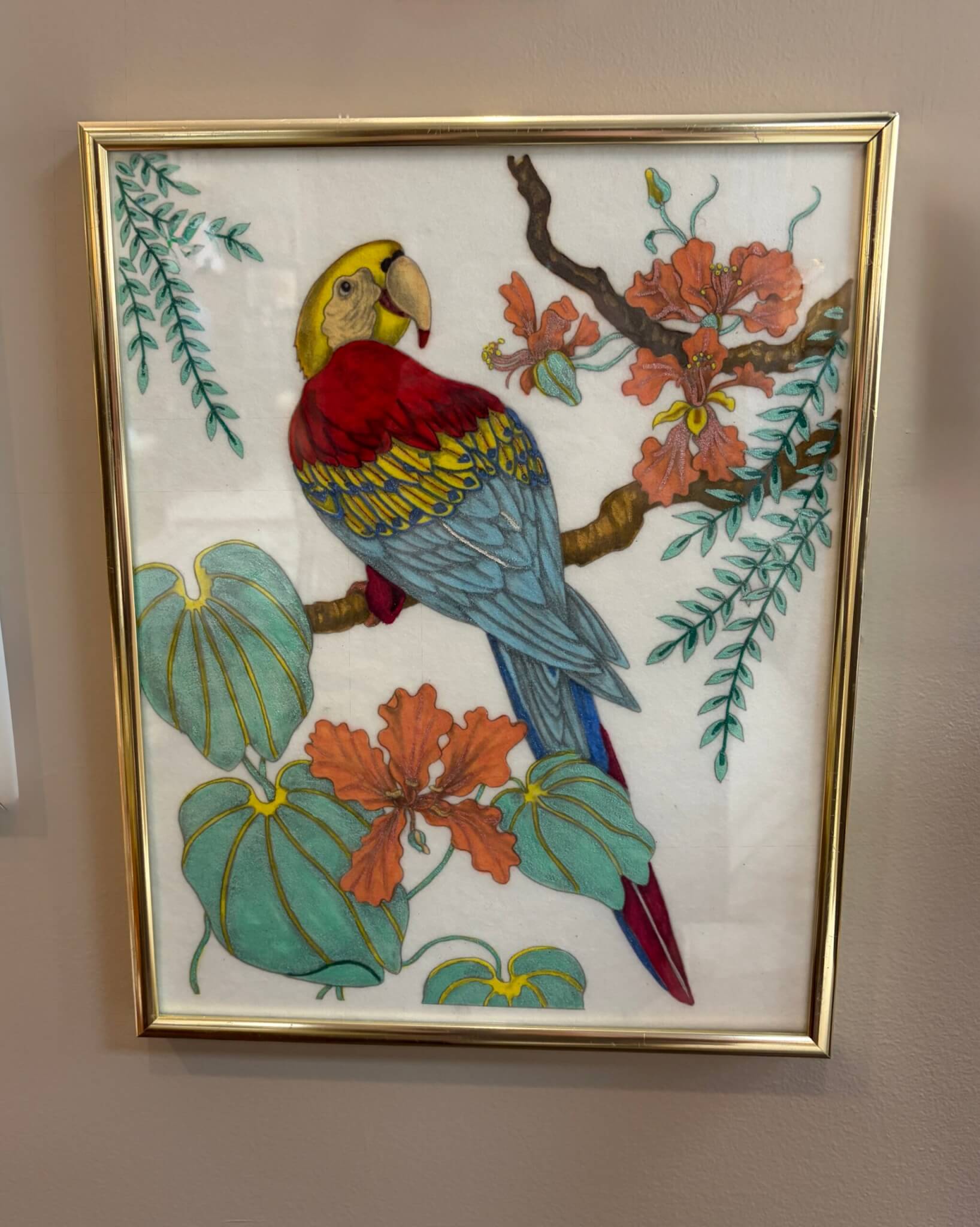 Chinoiserie Style Scarlet Macaw and Tropical Foliage Painted on Fabric Chinoiserie Style Scarlet Macaw and Tropical Foliage Painted on Fabric