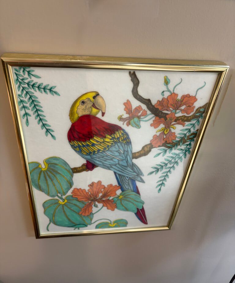 Chinoiserie Style Scarlet Macaw and Tropical Foliage Painted on Fabric Chinoiserie Style Scarlet Macaw and Tropical Foliage Painted on Fabric