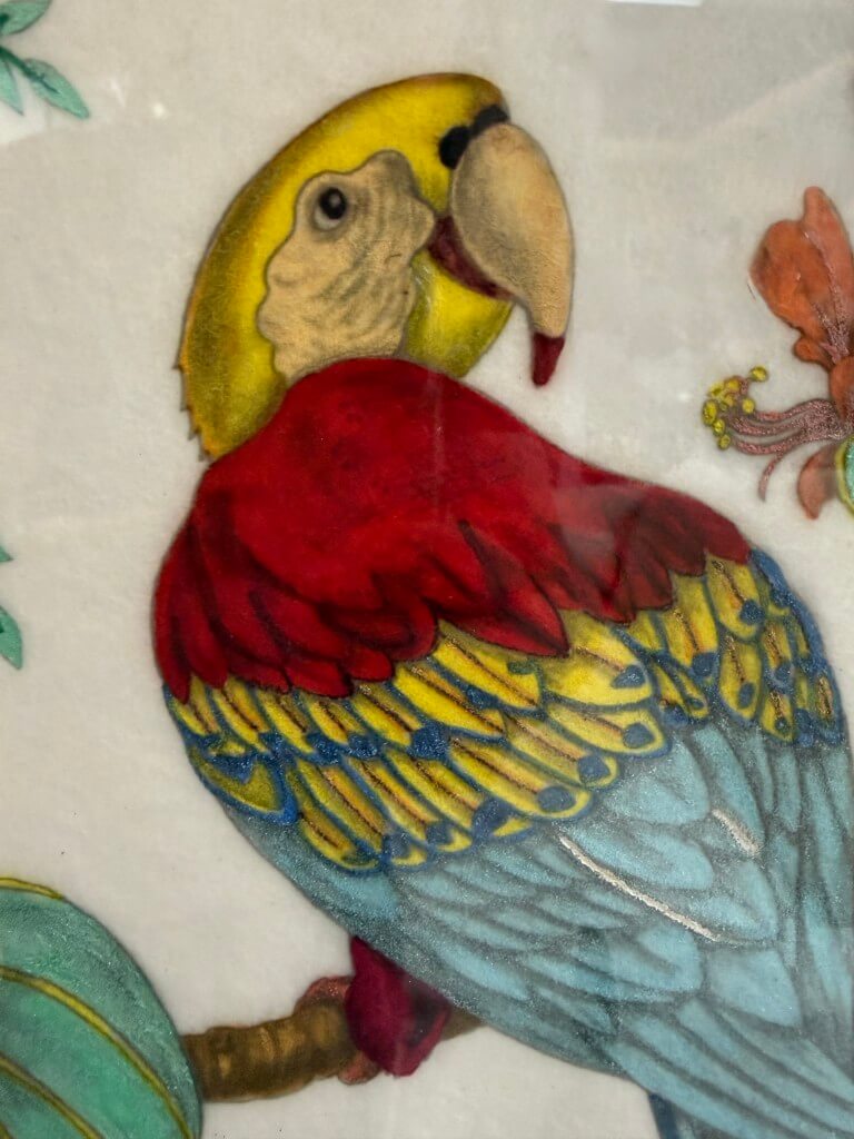 Chinoiserie Style Scarlet Macaw and Tropical Foliage Painted on Fabric Chinoiserie Style Scarlet Macaw and Tropical Foliage Painted on Fabric