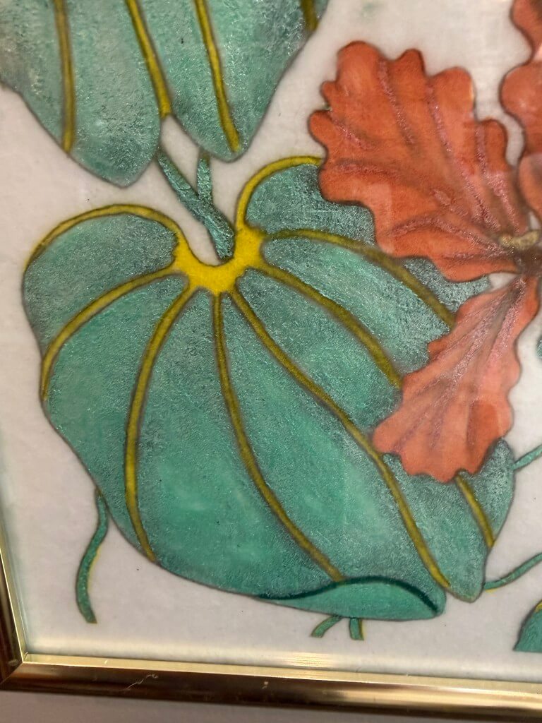 Chinoiserie Style Scarlet Macaw and Tropical Foliage Painted on Fabric Chinoiserie Style Scarlet Macaw and Tropical Foliage Painted on Fabric