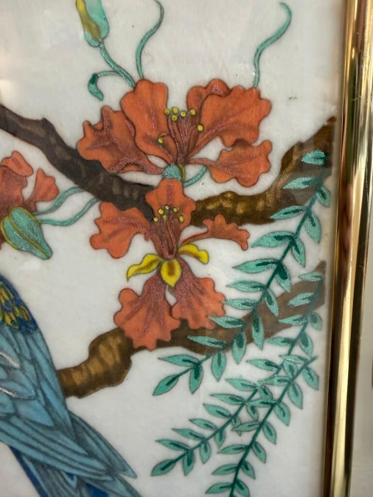 Chinoiserie Style Scarlet Macaw and Tropical Foliage Painted on Fabric Chinoiserie Style Scarlet Macaw and Tropical Foliage Painted on Fabric