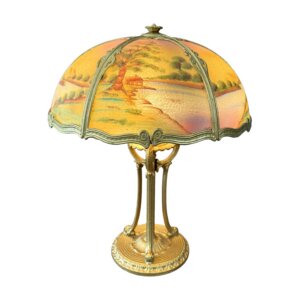 Early 1900s Reverse Painted Pastoral Landscape Lamp