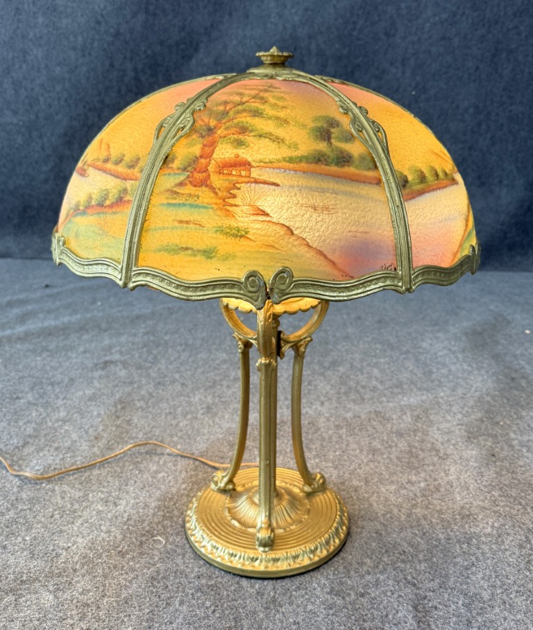 Early 1900s Reverse Painted Pastoral Landscape Lamp Early 1900s Reverse Painted Pastoral Landscape Lamp