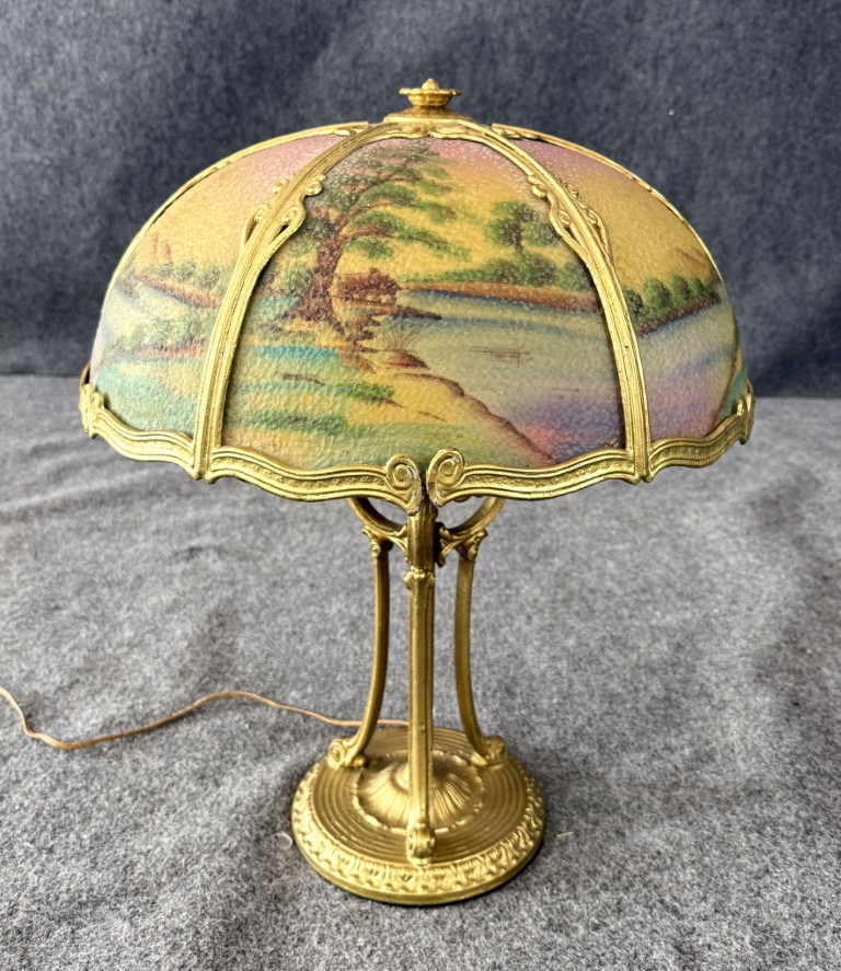 Early 1900s Reverse Painted Pastoral Landscape Lamp Early 1900s Reverse Painted Pastoral Landscape Lamp