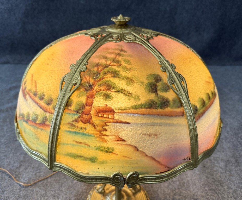 Early 1900s Reverse Painted Pastoral Landscape Lamp Early 1900s Reverse Painted Pastoral Landscape Lamp