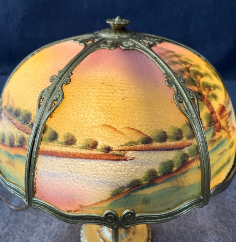 Early 1900s Reverse Painted Pastoral Landscape Lamp Early 1900s Reverse Painted Pastoral Landscape Lamp