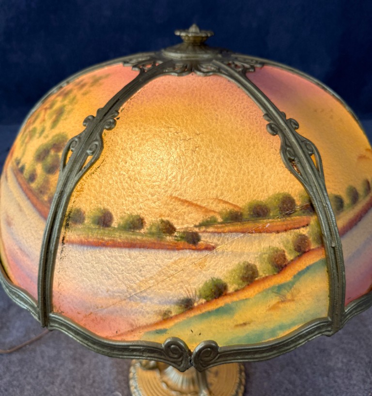 Early 1900s Reverse Painted Pastoral Landscape Lamp Early 1900s Reverse Painted Pastoral Landscape Lamp
