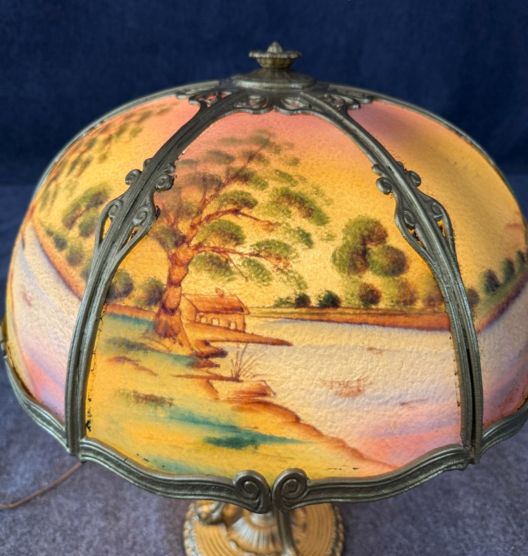 Early 1900s Reverse Painted Pastoral Landscape Lamp Early 1900s Reverse Painted Pastoral Landscape Lamp